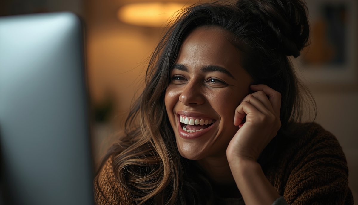A woman laughing naturally on a video call