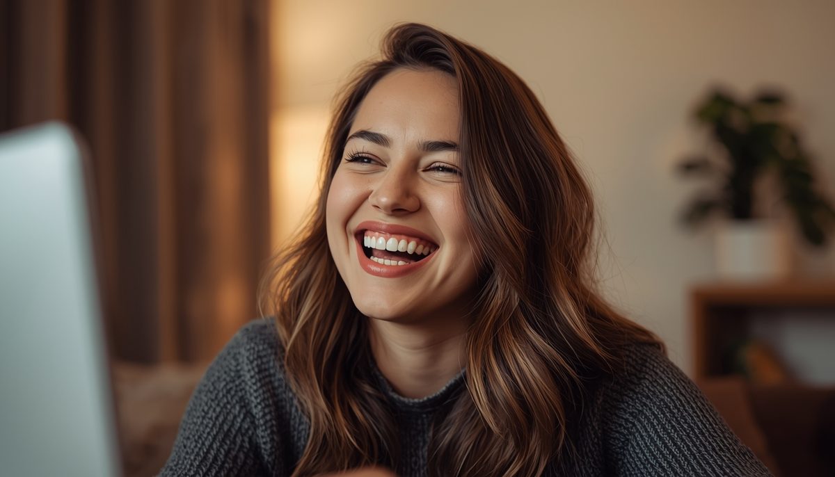 A woman smiling mid-laugh on a video call