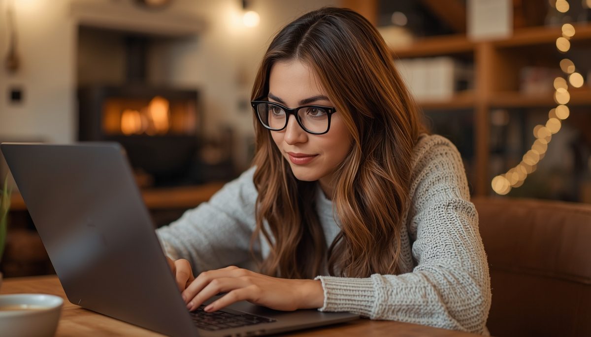 A woman fully absorbed in a video conversation