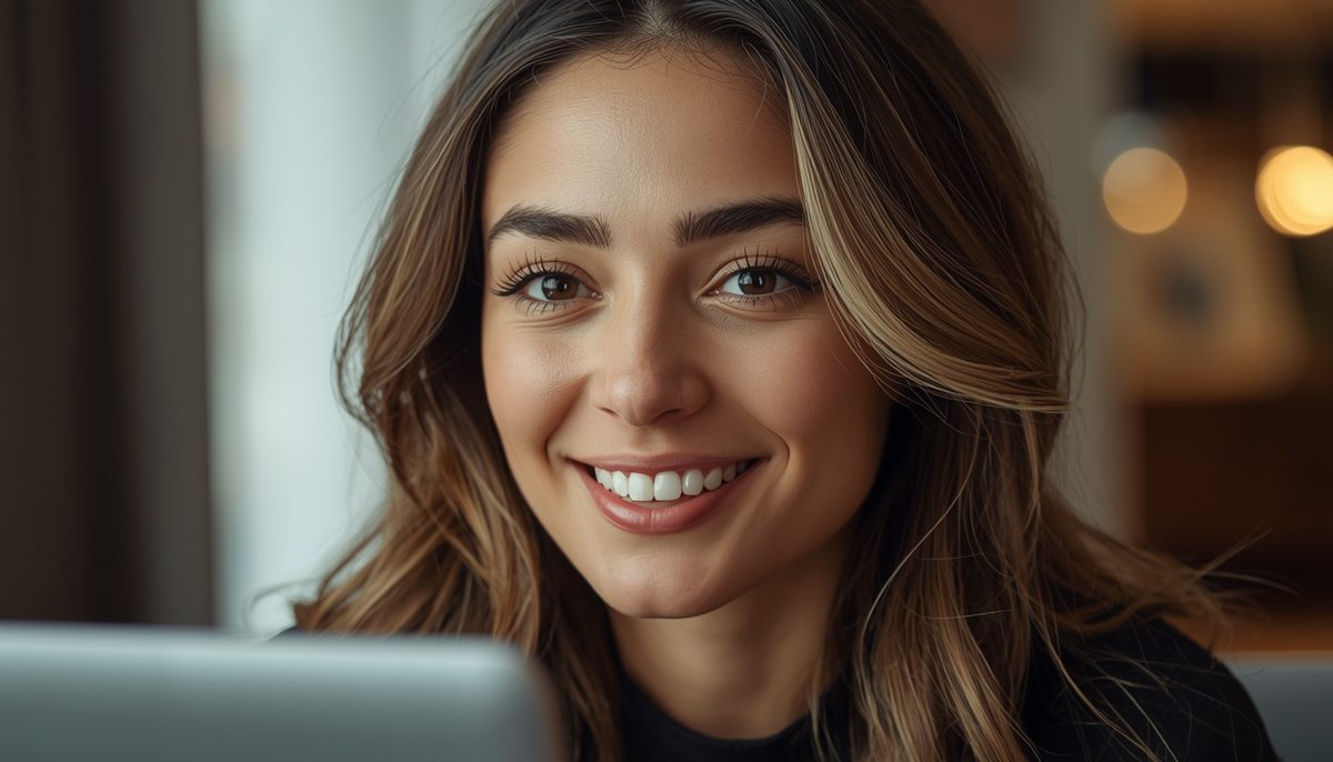 A woman showing genuine warmth breaking through on a video call