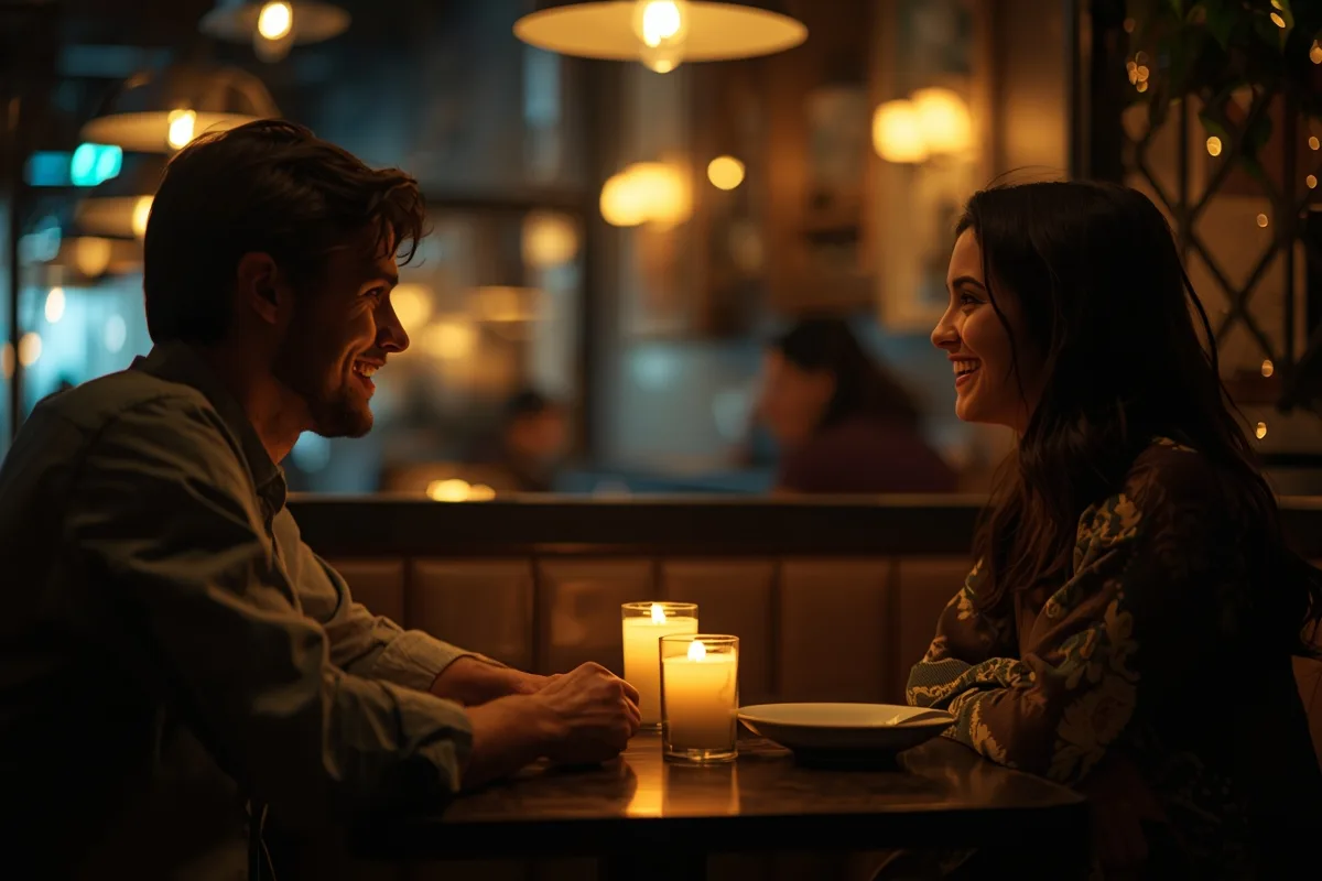 Couple enjoying a light-hearted moment during dinner on a first date