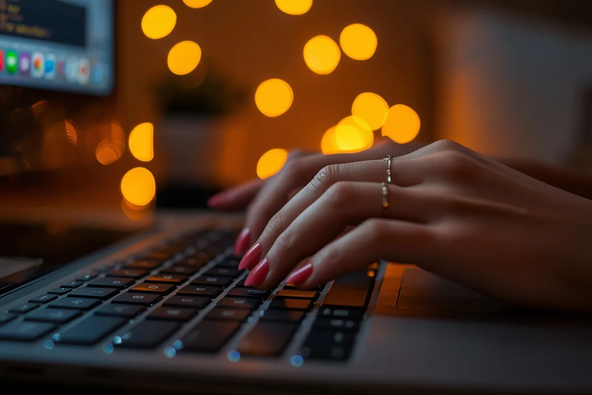 Hands typing a message on a laptop keyboard