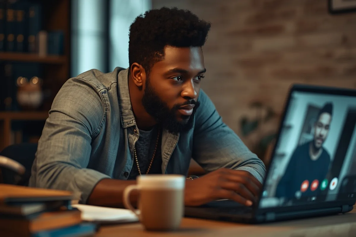 Man engaged in a video date, showing interest