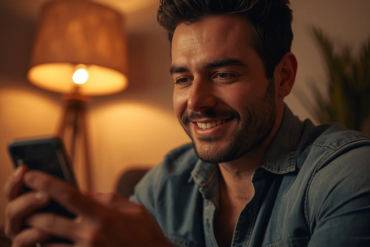 Man engaging on a video call, warm lighting creating a cozy atmosphere