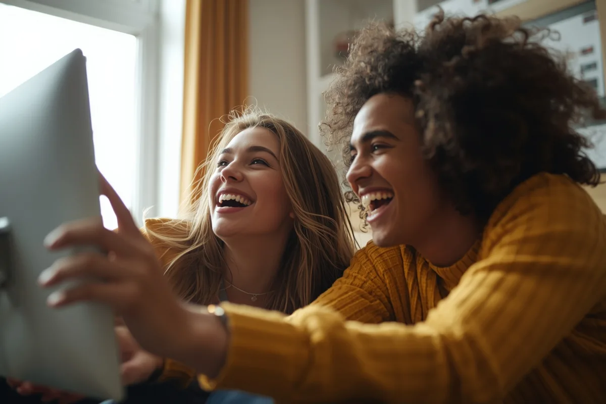 Two friends enjoying a virtual game together during a video call