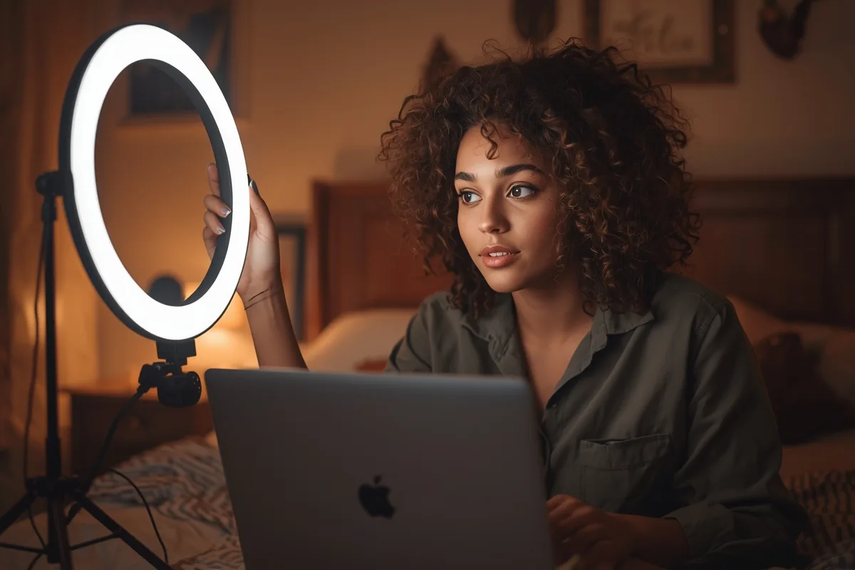Woman adjusting lighting for a video date, creating a warm and inviting background