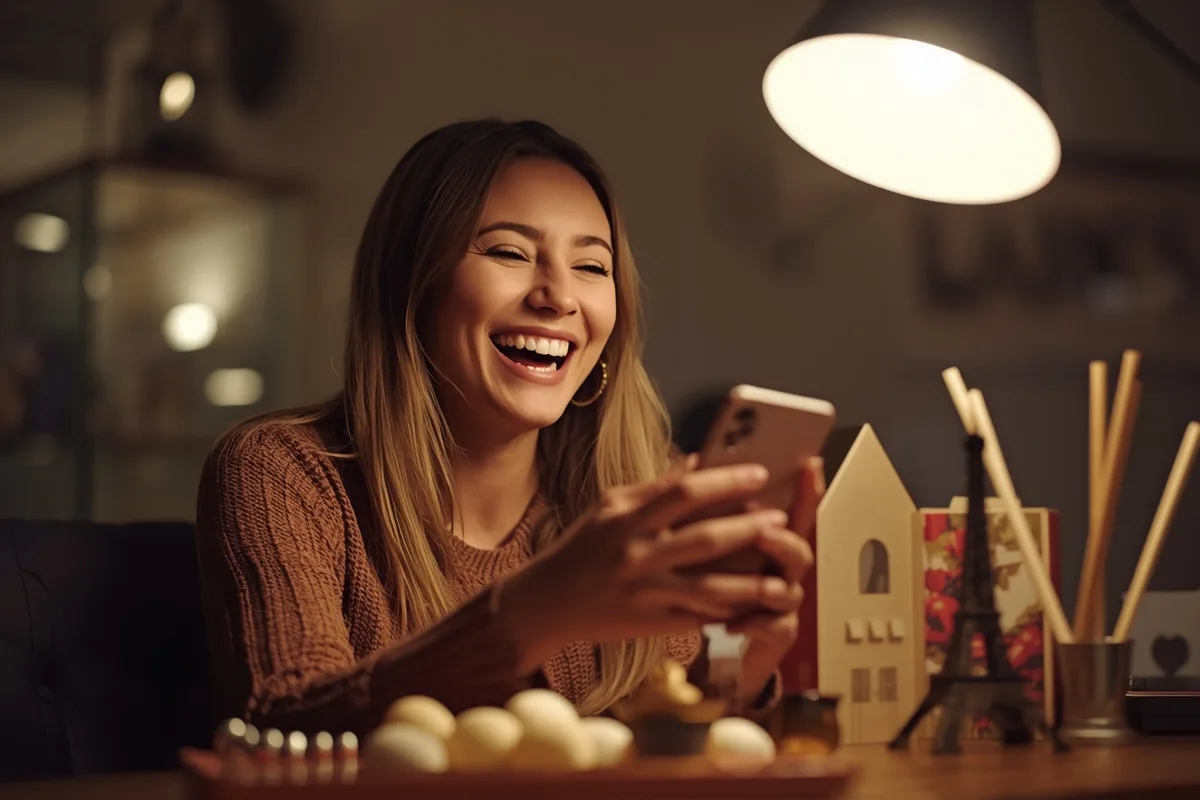 Woman enjoying a themed virtual date with a French setting