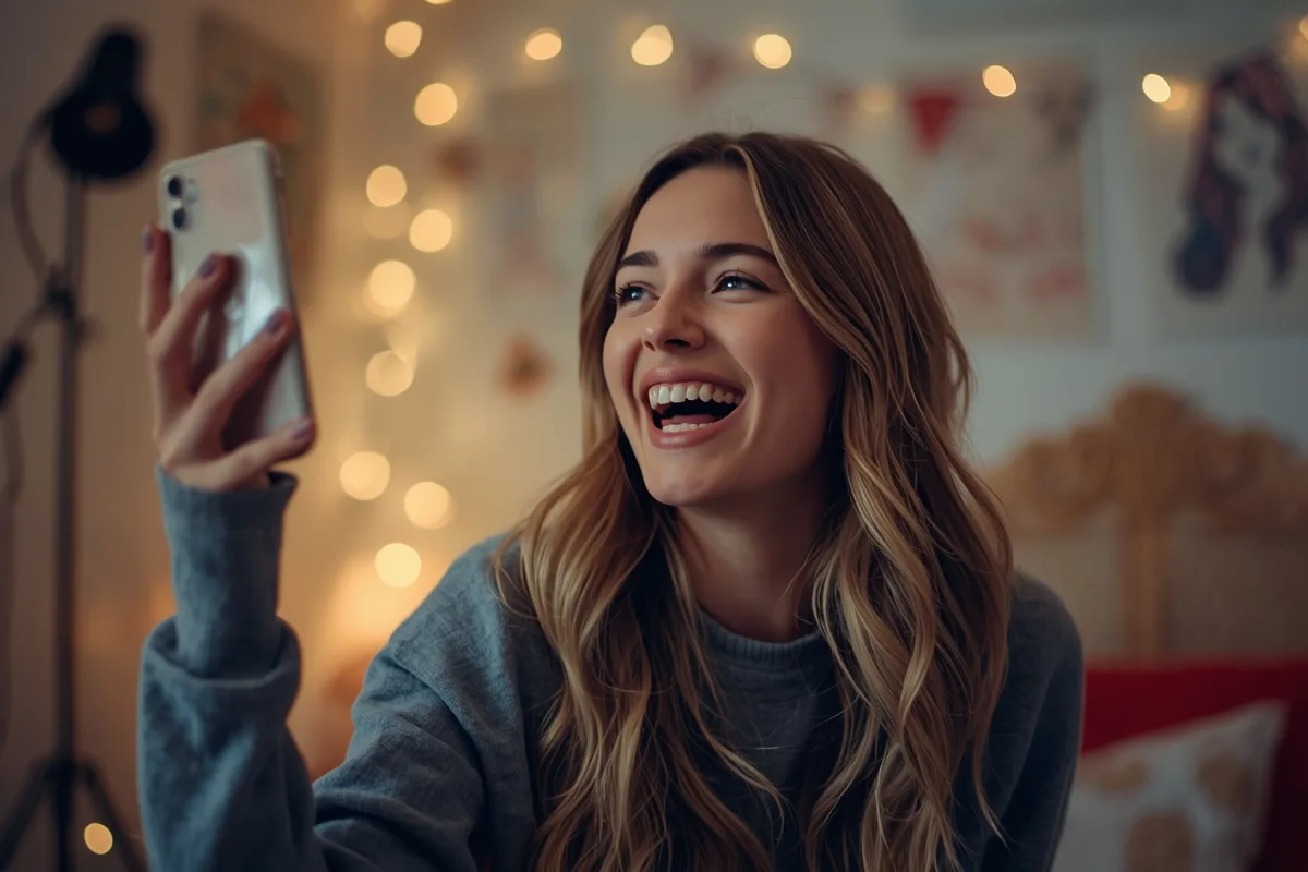Woman laughing during a video call, room decorated with lights and art
