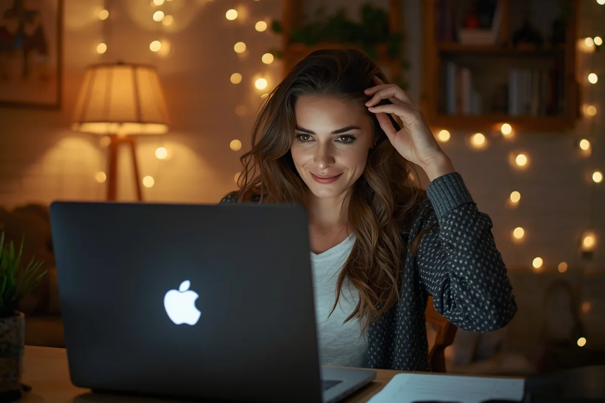 Woman preparing her laptop camera for an online speed date