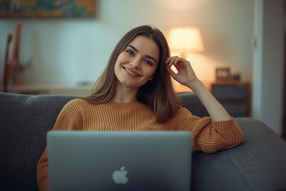 Woman setting up for a video date on her laptop