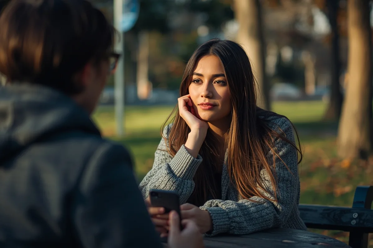 Woman thoughtfully engaging in conversation at a park
