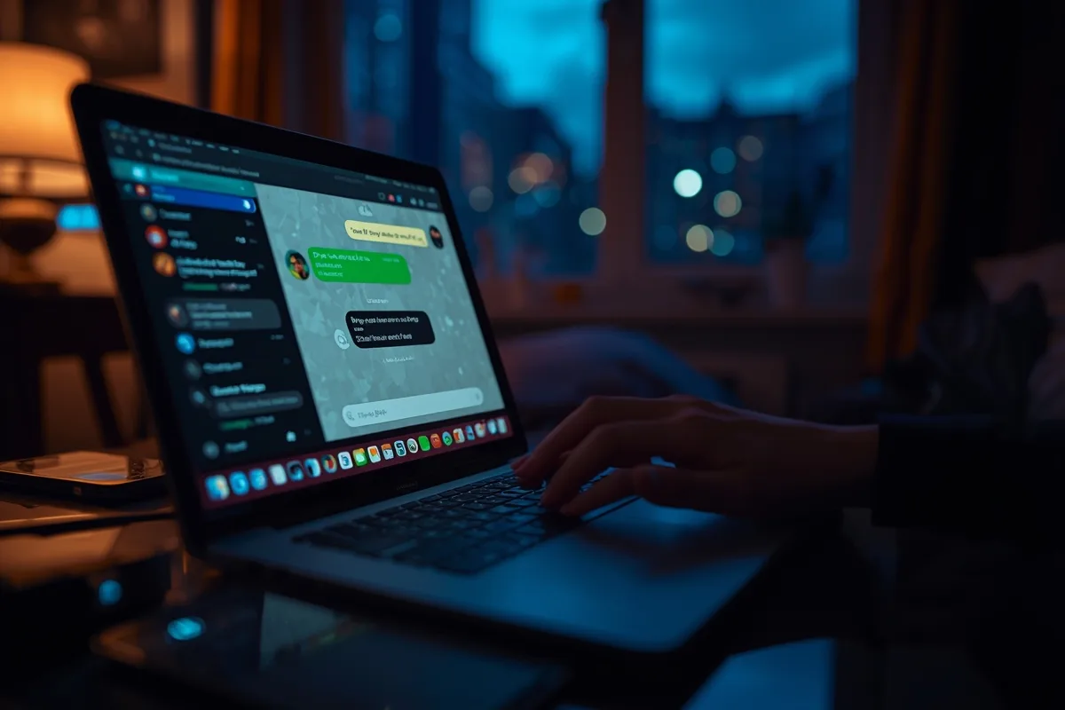 A laptop screen displaying a bustling chat room in a cozy environment
