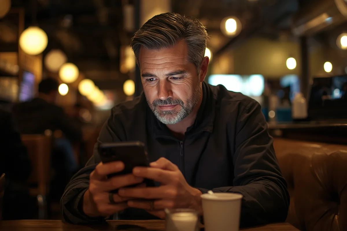 A man chatting with genuine interest in a cozy cafe