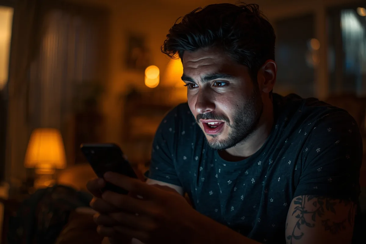 A man excitedly using random chat on his phone at night