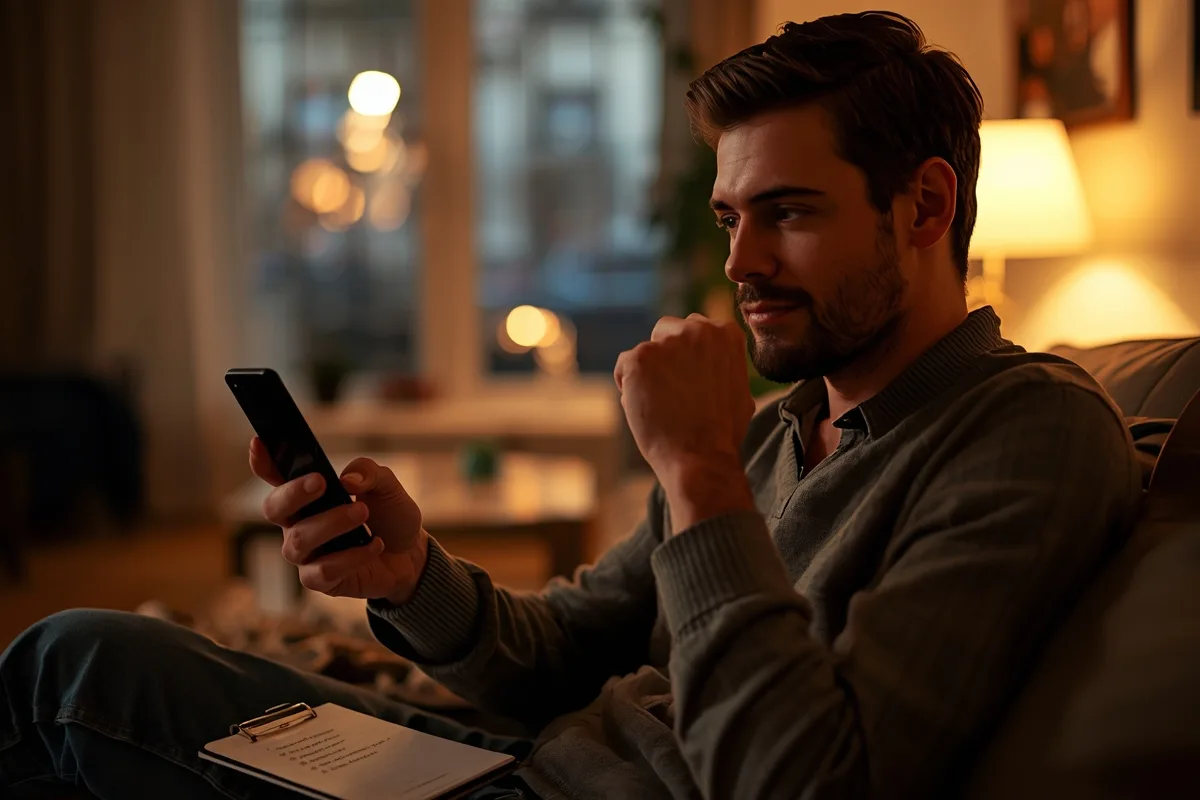 A man preparing to start a video chat, jotting down notes