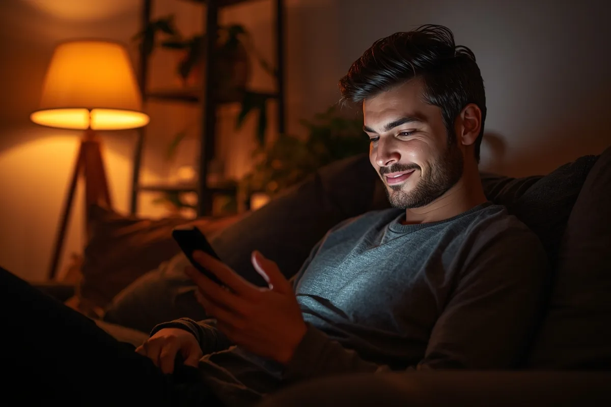 A man text chatting with strangers from his living room at night.