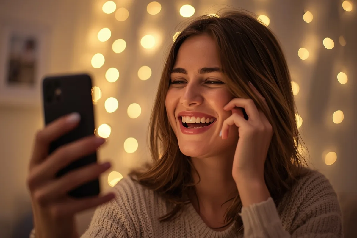 A woman enjoying a conversation on video chat, brightly lit