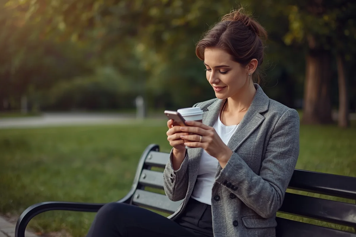 A woman on a park bench text chatting with strangers on her phone.