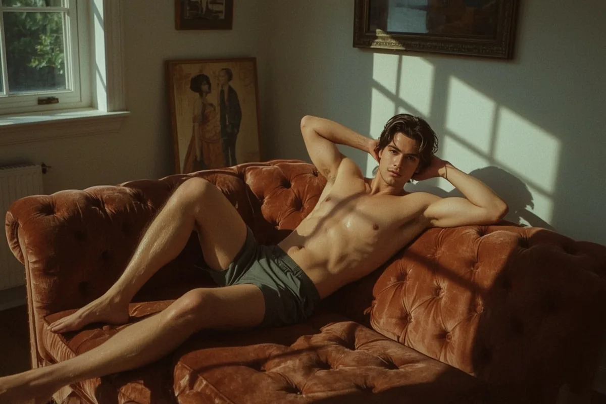 Artful nude male model lounging on a couch