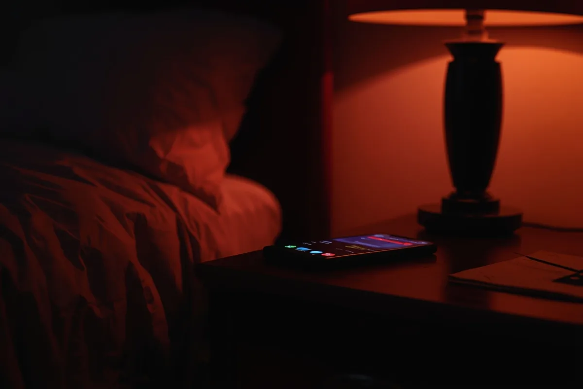 Bedroom setting with phone glowing on nightstand