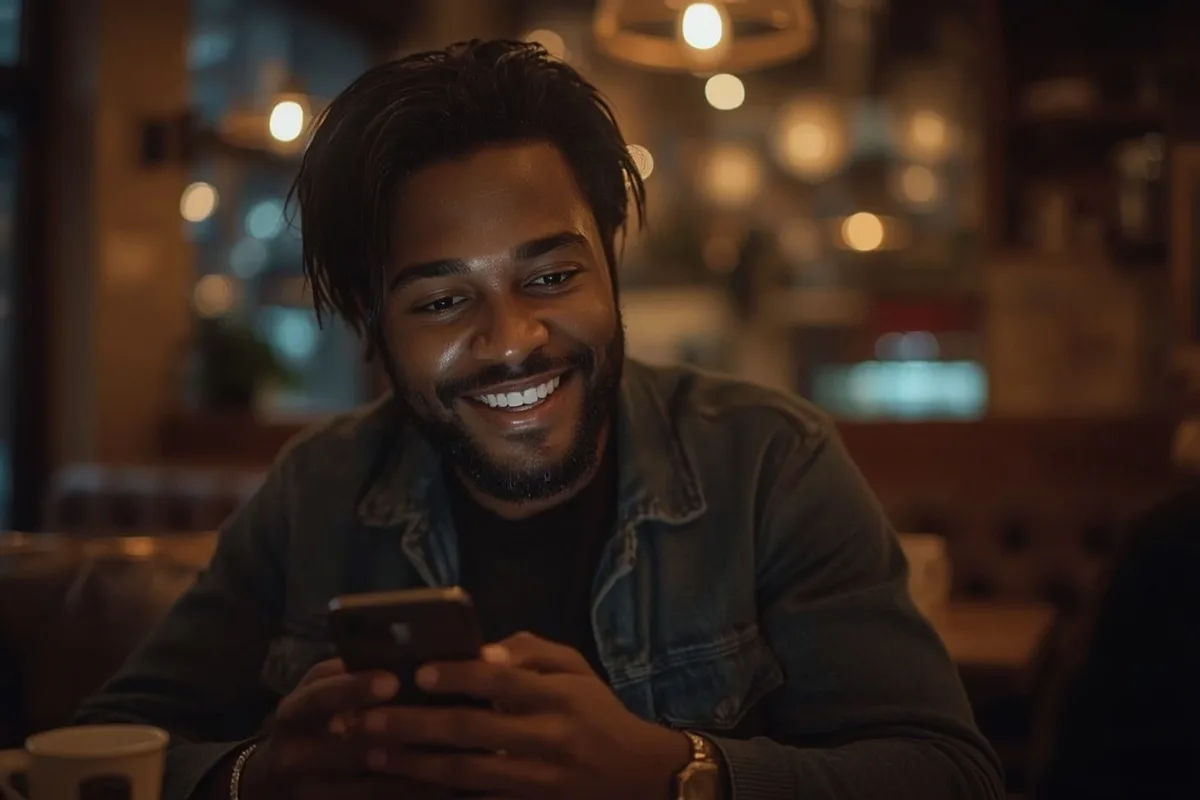Black man on phone in a cozy cafe, engaged and smiling