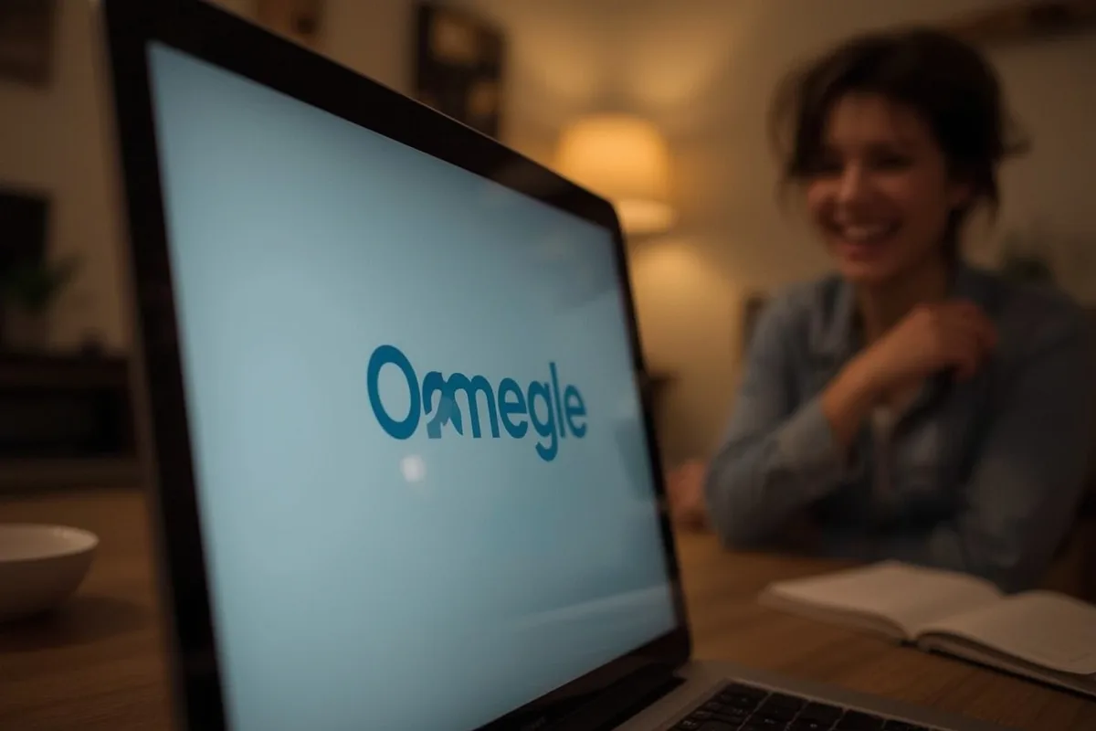 Blurred Omegle chat screen with a laughter reaction in a cozy setting