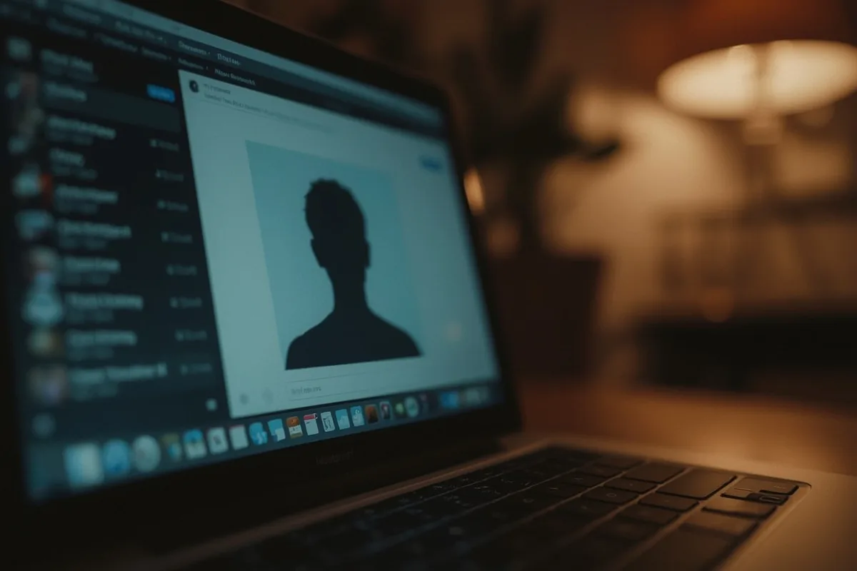 Blurry chat interface on a laptop screen depicting the secretive nature of Omegle chats