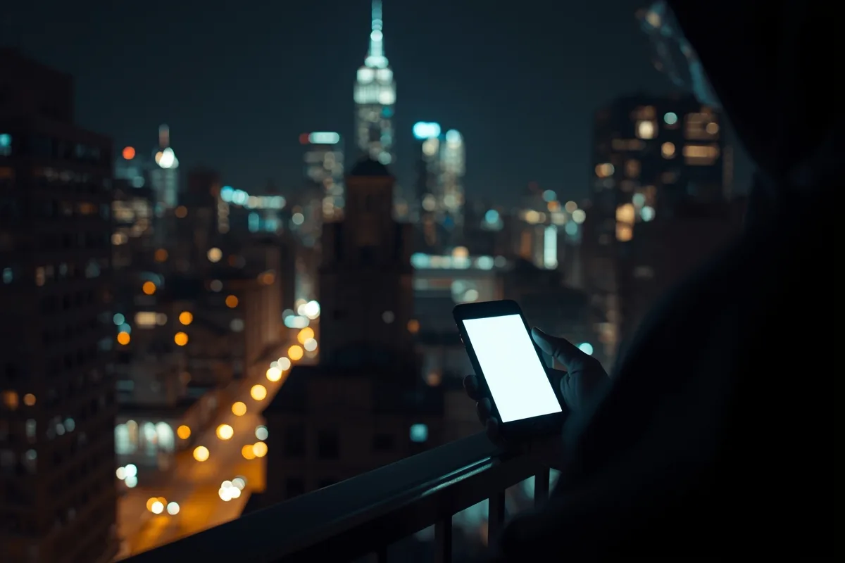 Cityscape with glowing smartphone symbolizing random chat