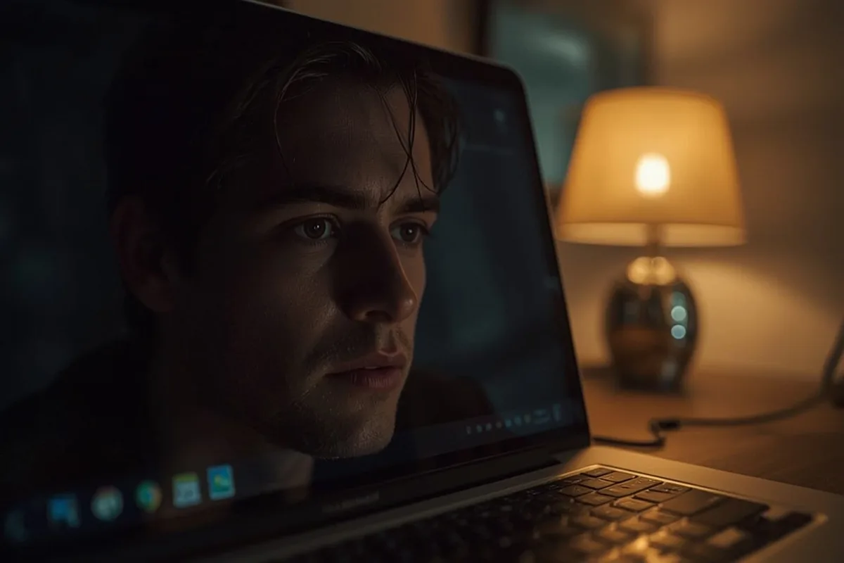 Close-up laptop screen with man's reflective gaze in a dim setting.