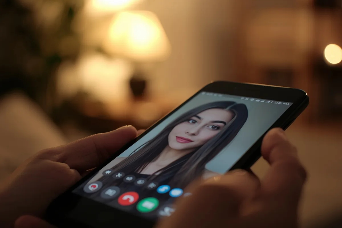 Close-up of a mobile screen displaying a video chat interface in a cozy room