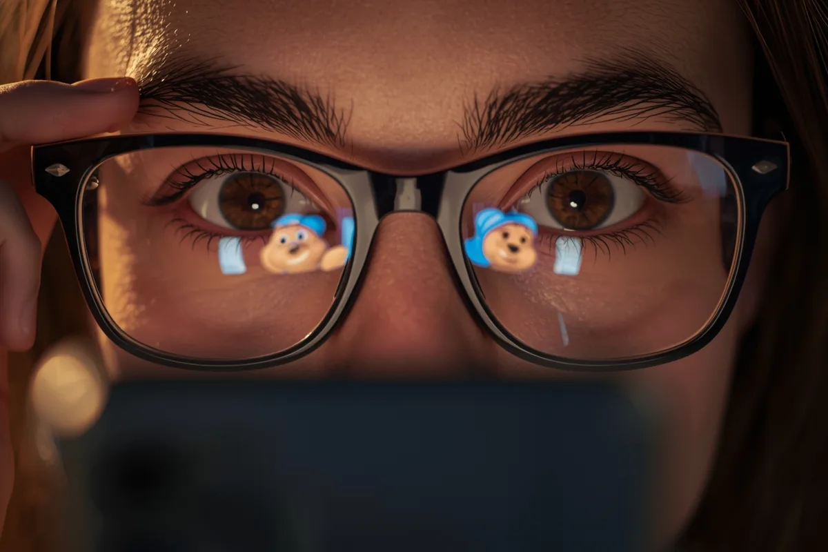 Close-up of a person engaged in anonymous chat, with reflections of chats in their glasses