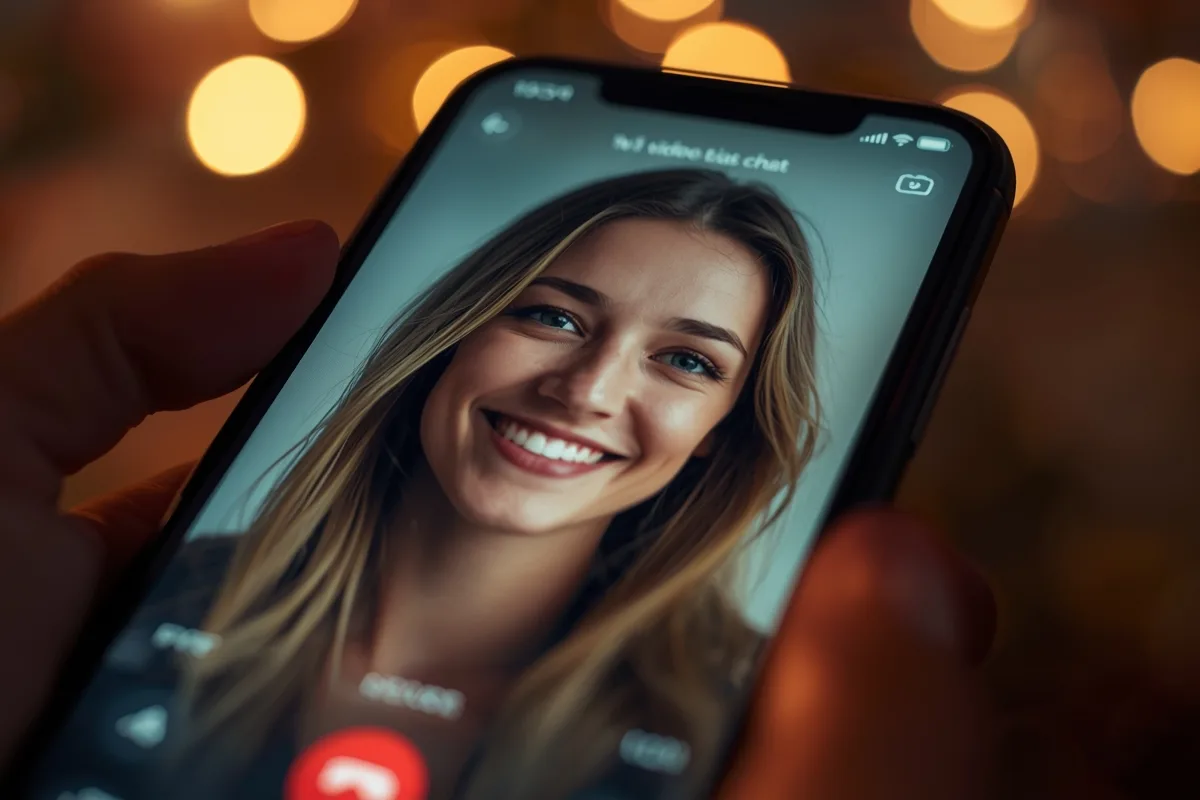 Close-up of a phone screen showing a 1v1 video chat app interface