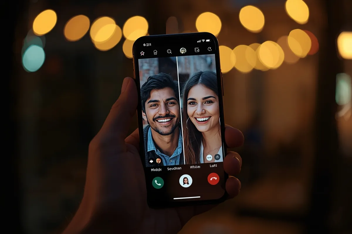 Close-up of a phone with a cheerful 1 on 1 video chat on screen, nighttime setting.