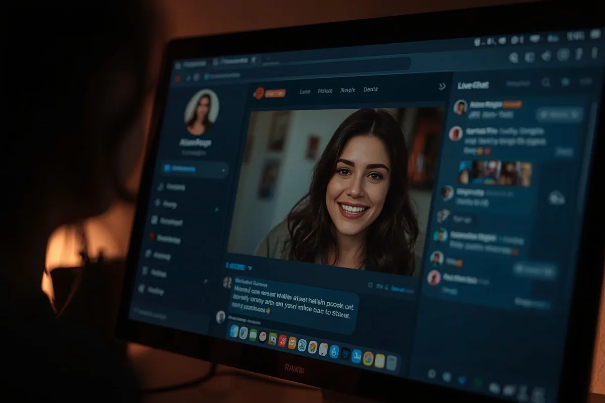 Computer screen showing AlisonRouge's interactive cam profile and live chat.