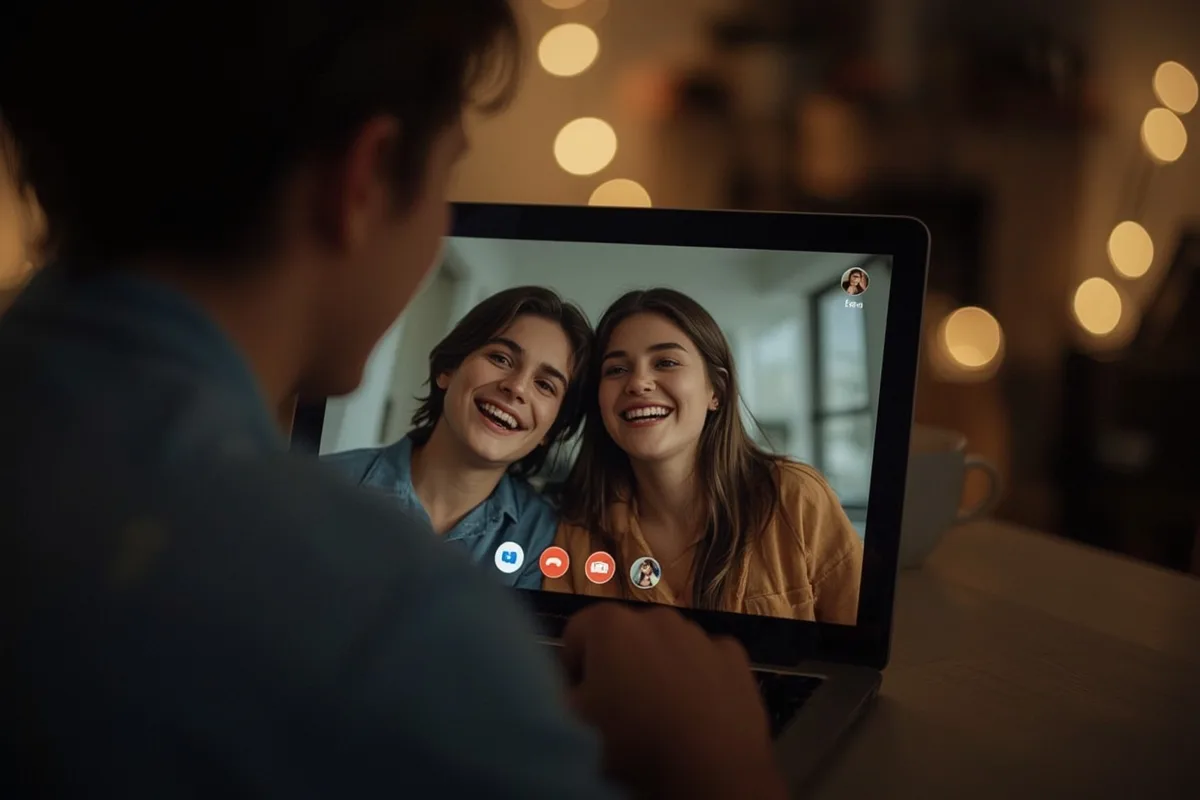 Couple enjoying a video chat, intimate and warmly lit.