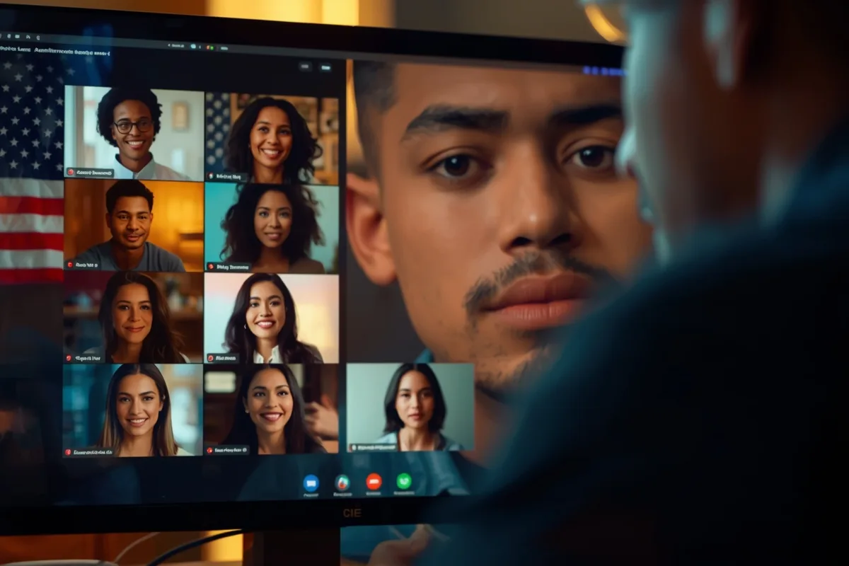 Diverse avatars on a computer screen with an American flag corner