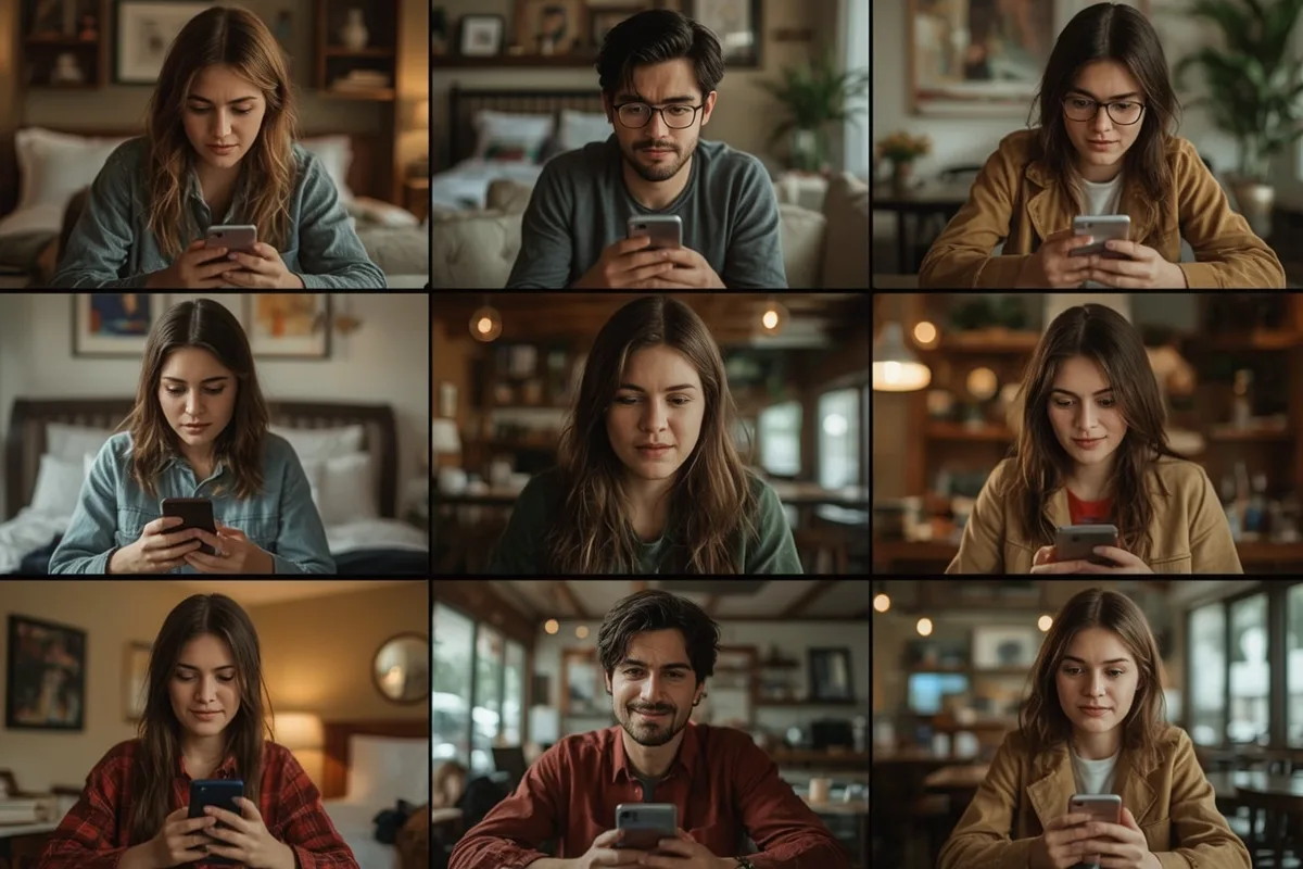 Diverse individuals in online interactions, showcasing varied expressions