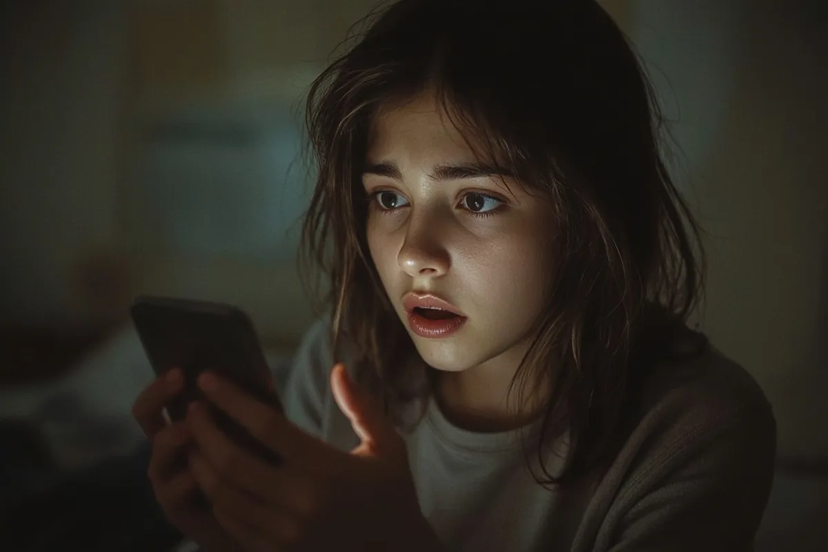 Girl shocked by phone screen in dark room.