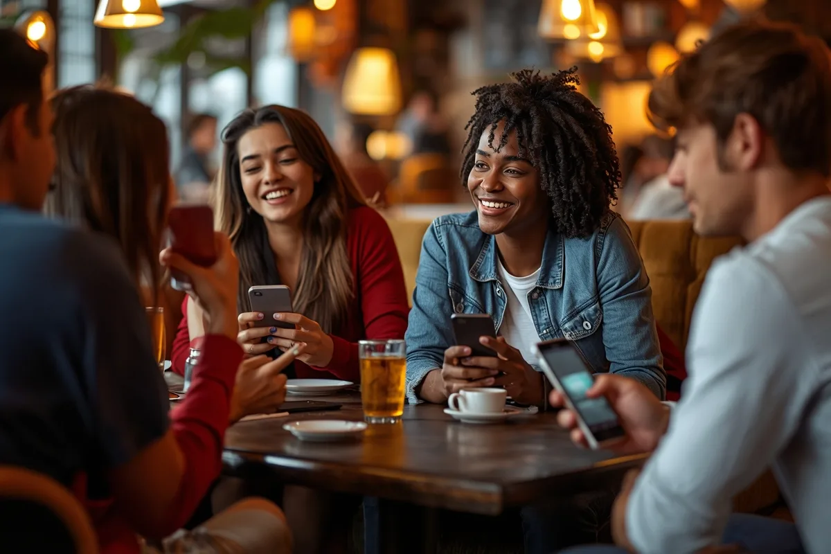 Group of diverse people chatting in a cafe setting, representing local connections.