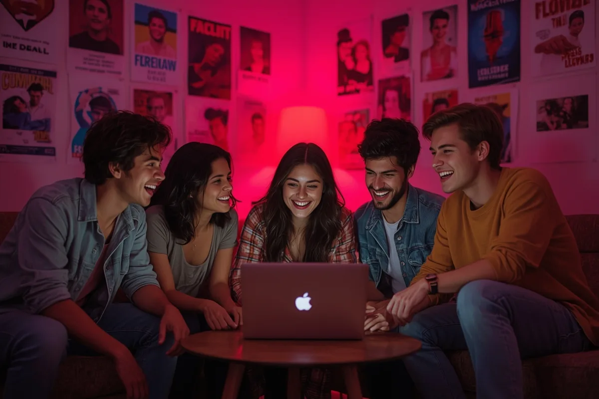 Group of friends sharing and enjoying Omegle experiences in a vibrant room