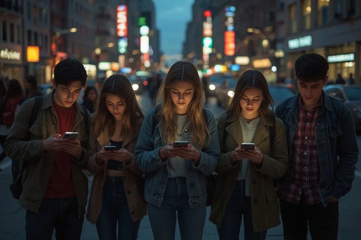 Group of young adults viewing their phones with cityscape backdrop.