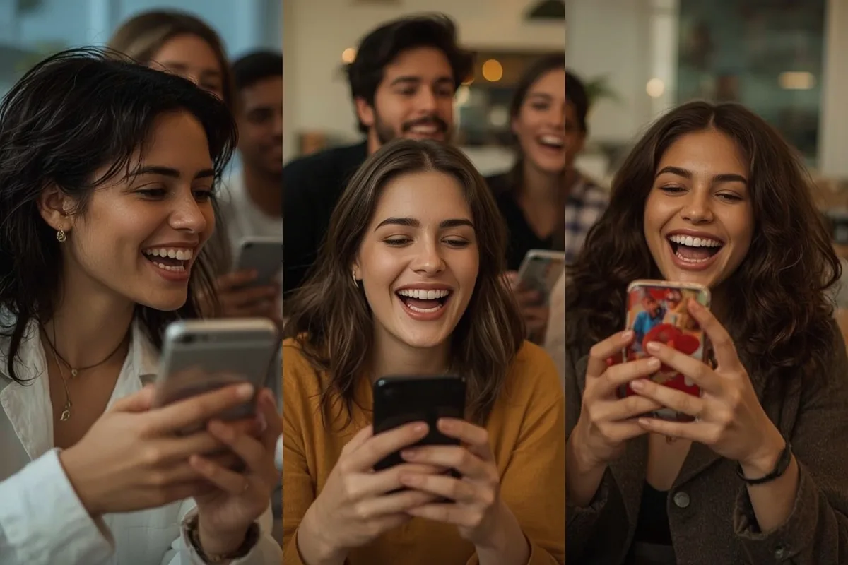Group video chat among friends on a split-screen display, showing diversity and joy.