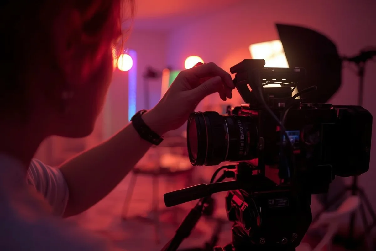 Hand adjusting a camera in a colorful, stylized room meant for Omegle performances