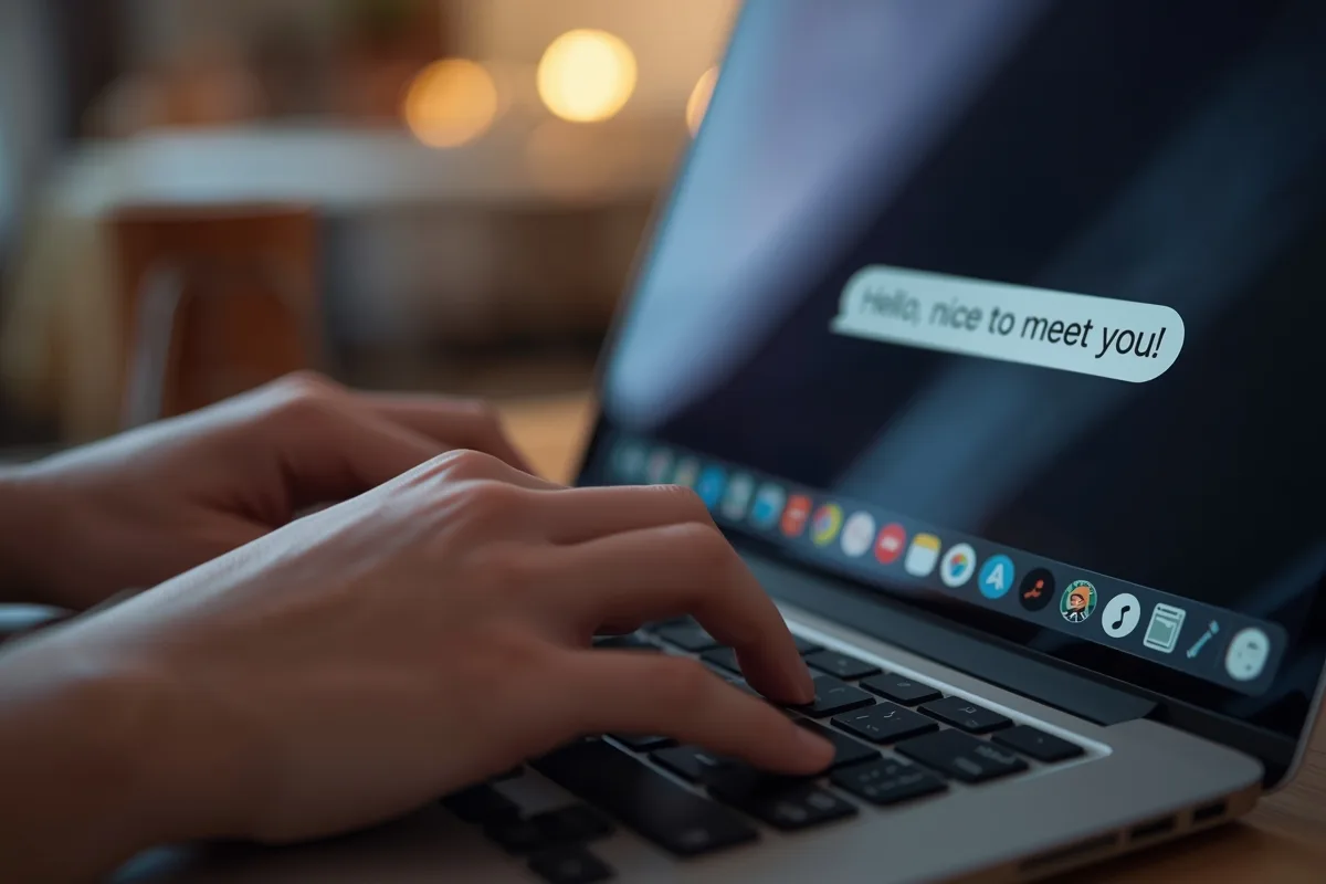 Hands typing a welcoming message in a safe online chat environment.