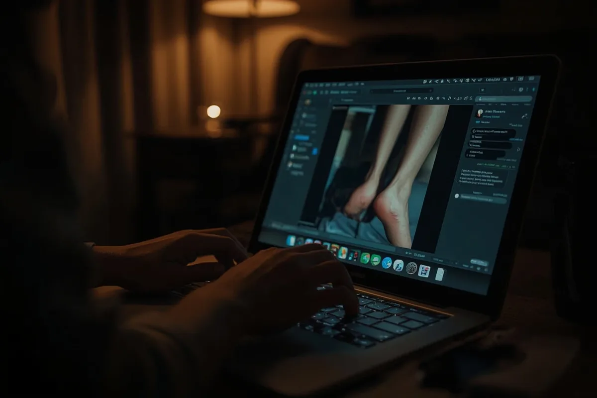 Hands typing on a laptop in a dim room, engaging in a foot fetish chat online.