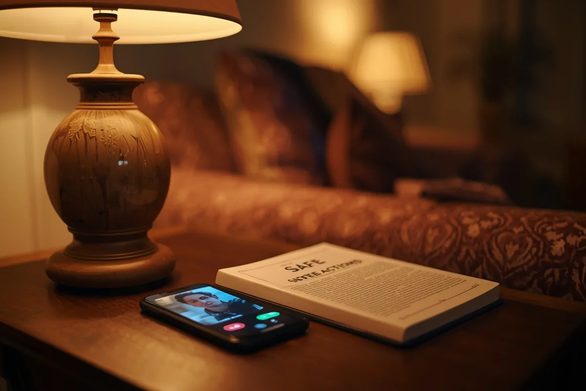 Living room with video chat on phone emitting glow.