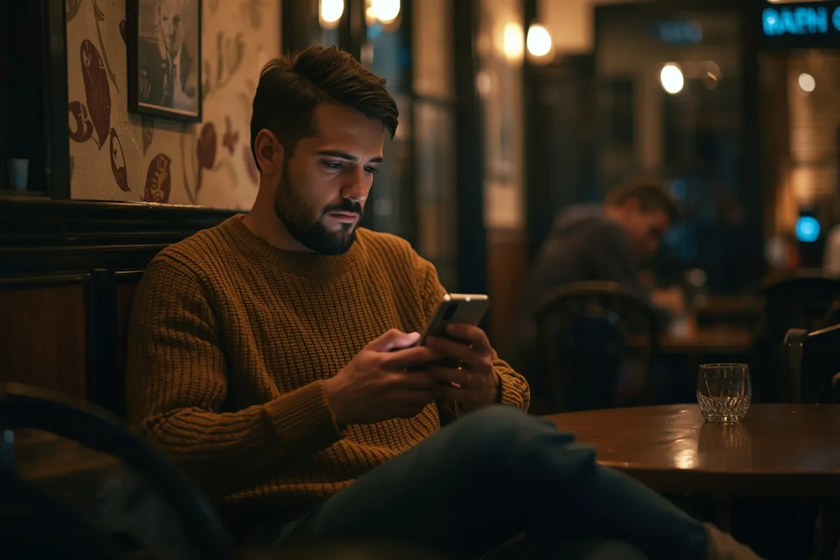 Man at a cafe looking intently at his phone, engaged in a chat