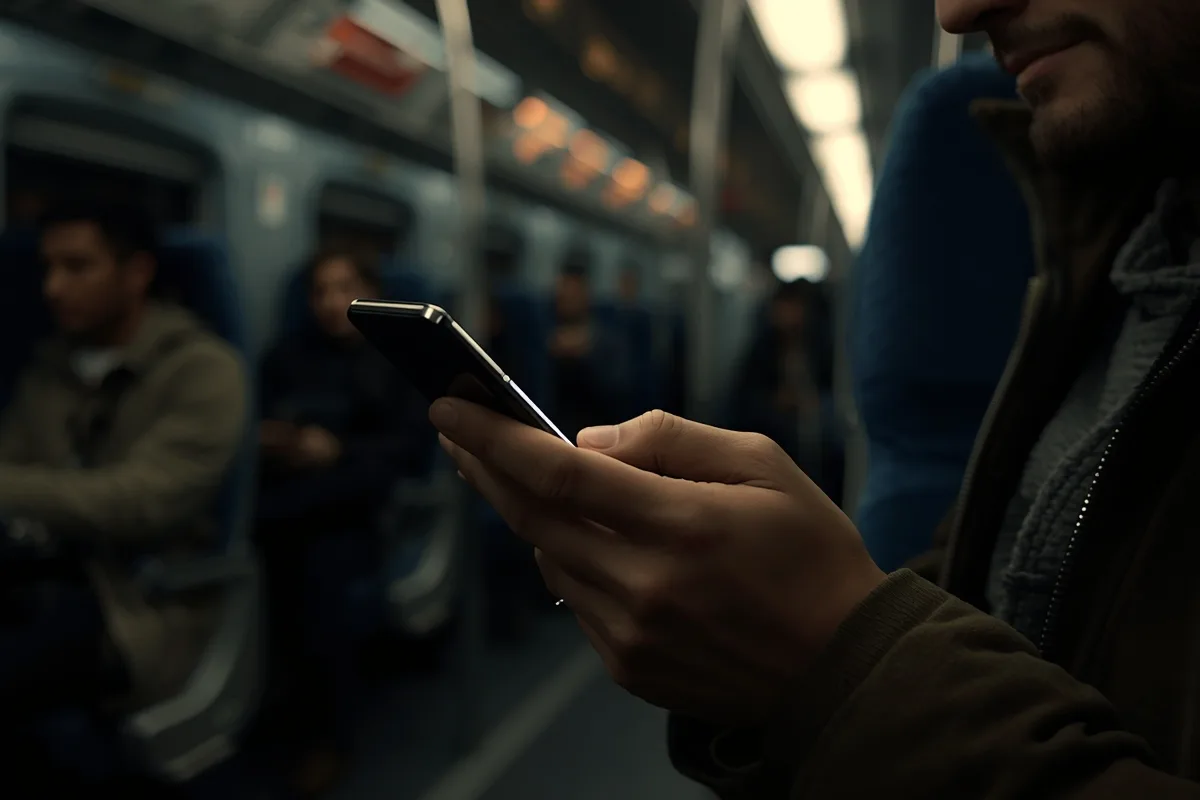 Man chatting on a text site, illuminated by phone screen in a dark train carriage.