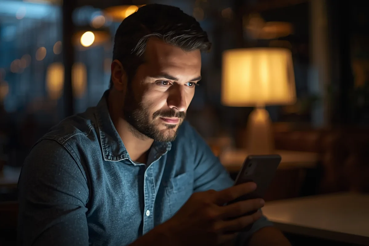 Man chatting on his phone in a modern cafe
