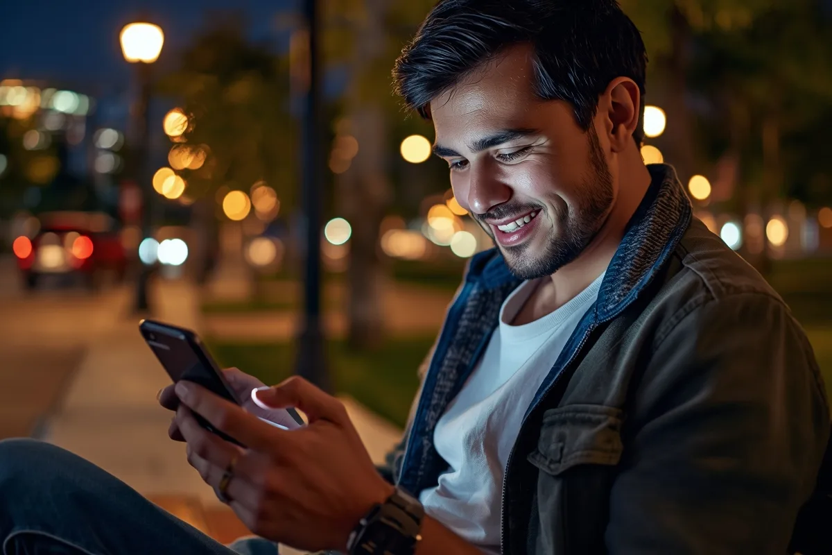 Man chatting on his phone using a ChatRandom alternative, enjoying the city night's ambiance.